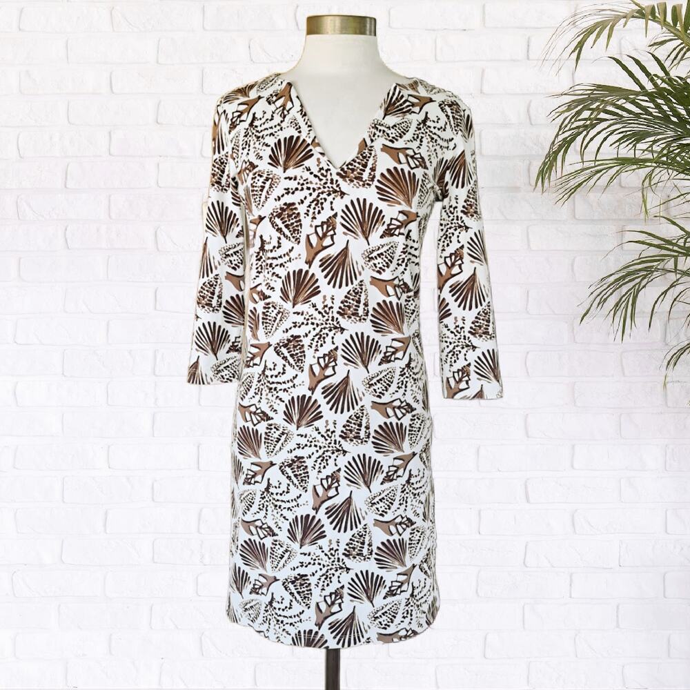 PERSIFOR Tyler Tunic Dress Small Driftwood Brown Shell Print 3/4 Sleeve Coastal